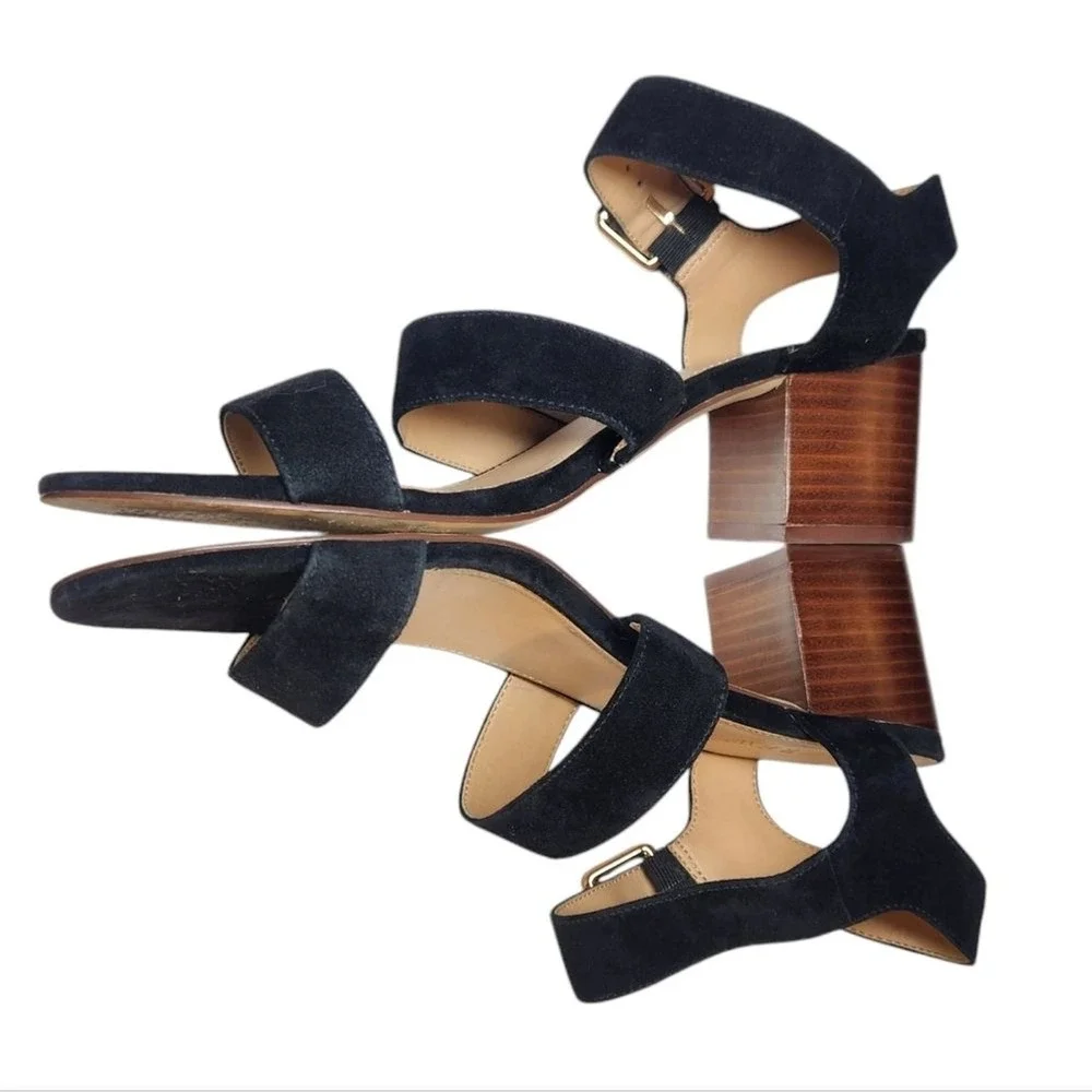 J Crew Three Strap‎ Suede Sandal Block Heel Black Ankle Strap Gold Buckle Prep 9